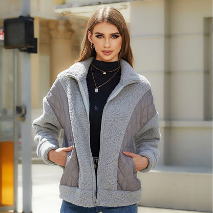 Damen Fleecejacke Steppdetails Praktische Taschen Kuschelig Grau