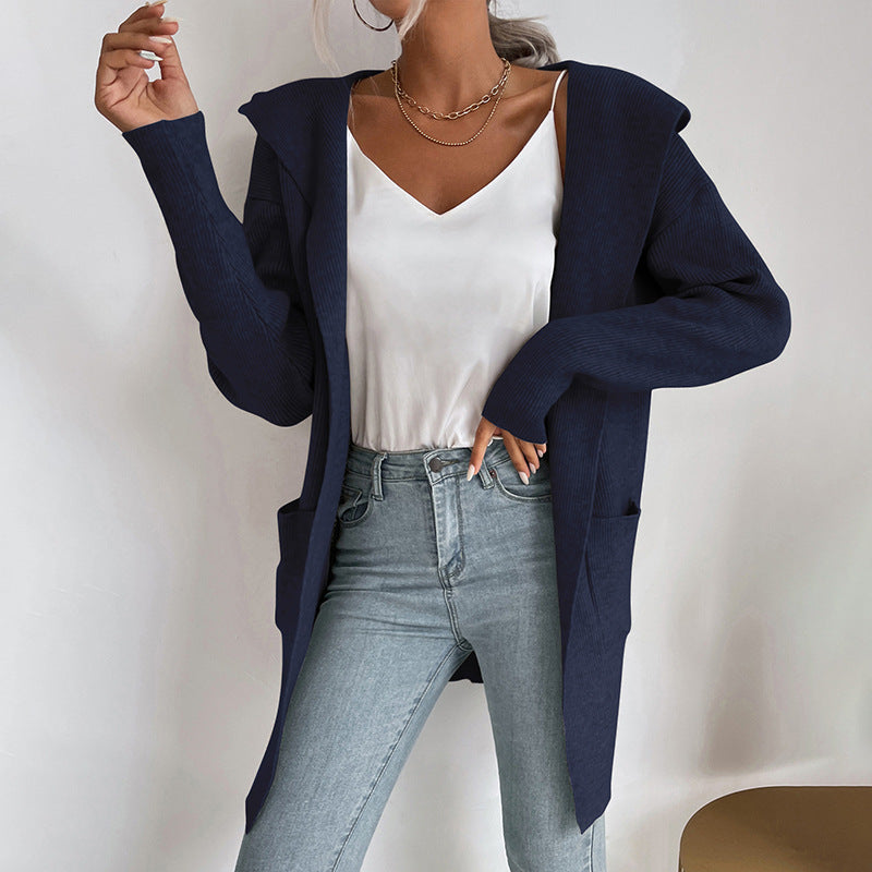 Damen Strickcardigan Lässig Hoher Kragen Offene Vorderseite Beige