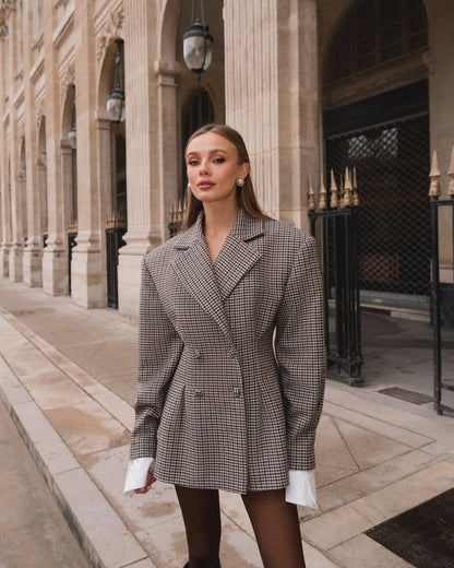 Damen Karo Blazer Oversized Doppelter Knopfverschluss