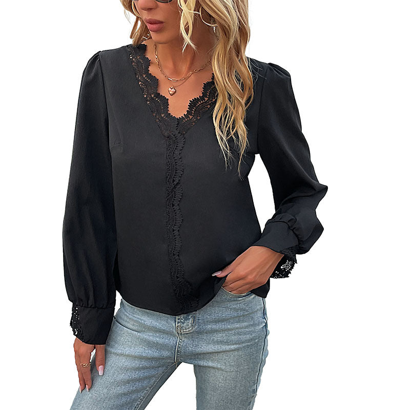 Damen Bluse Spitze V-Ausschnitt Elegant Weiß