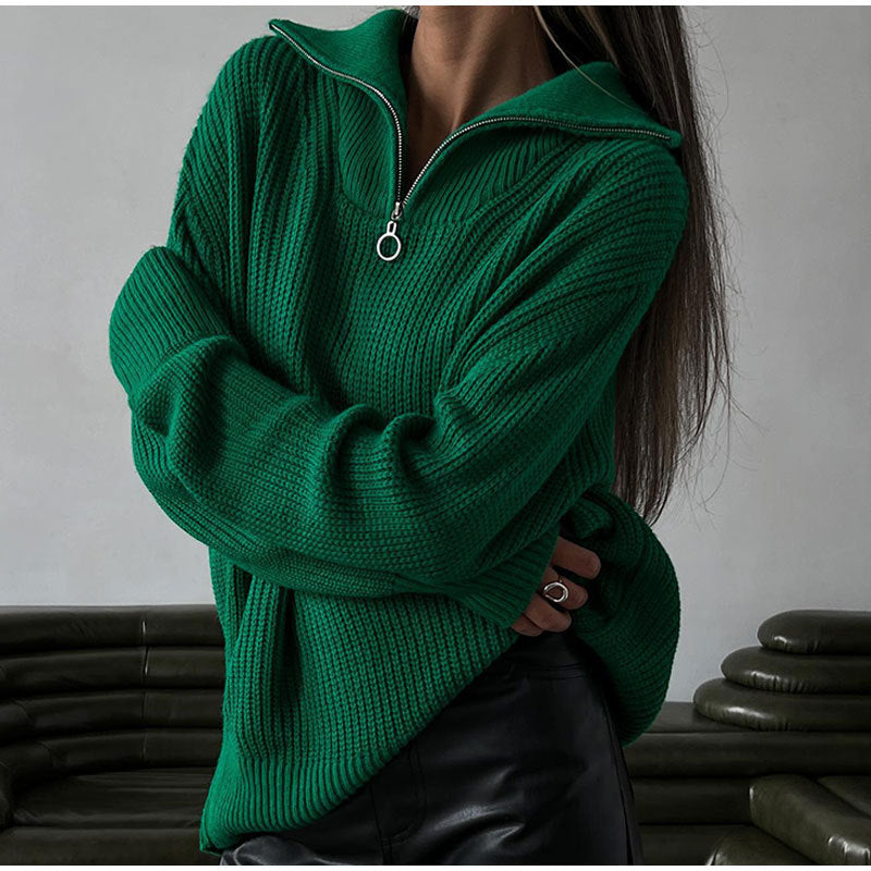 Damen Strickpullover Oversized mit Reißverschluss und Stehkragen