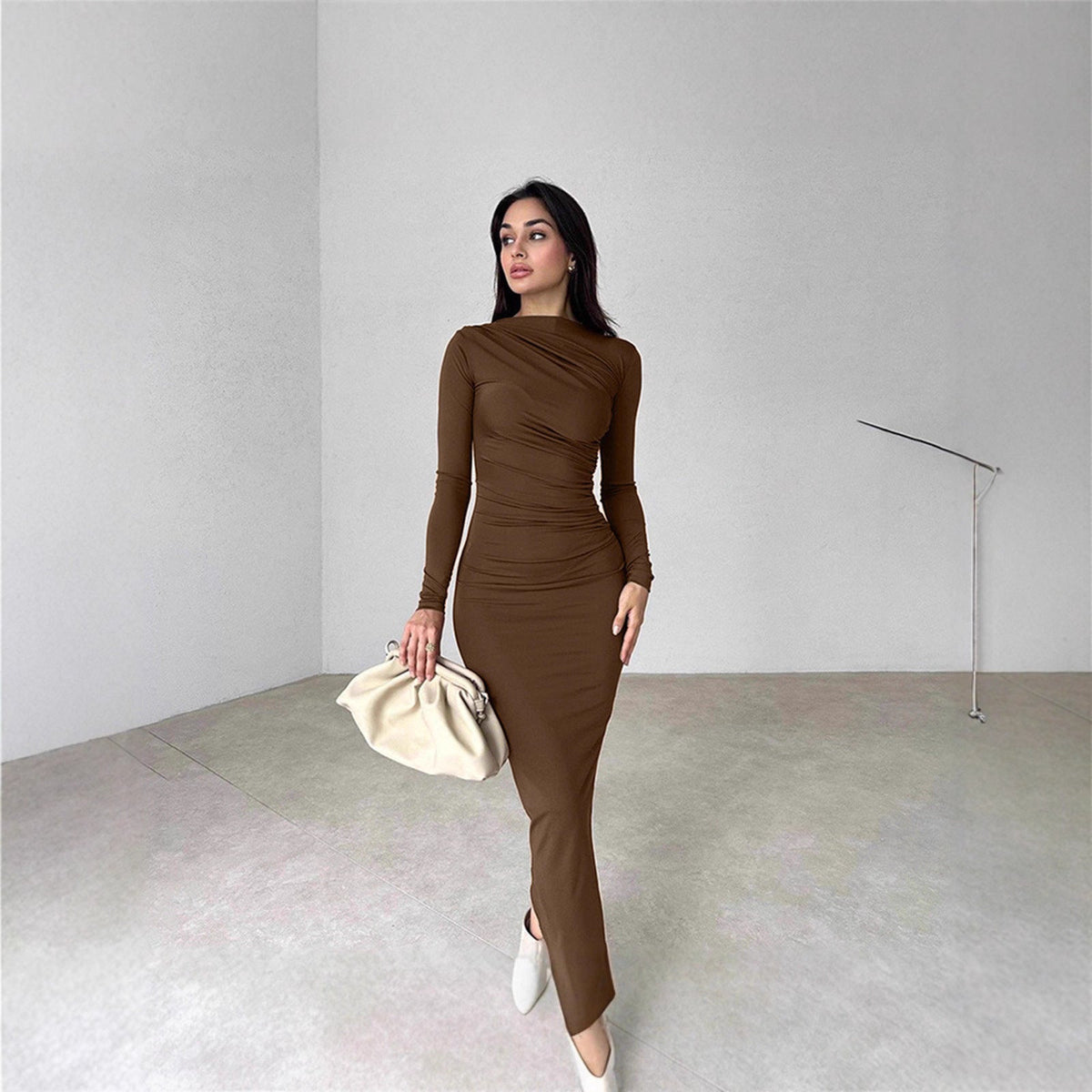 Damen Langarmkleid Figurbetont Raffung Eveloria