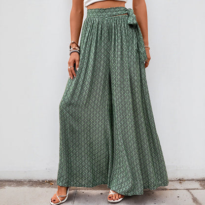 Damen Palazzo-Hose Weite mit Bindegürtel und Print