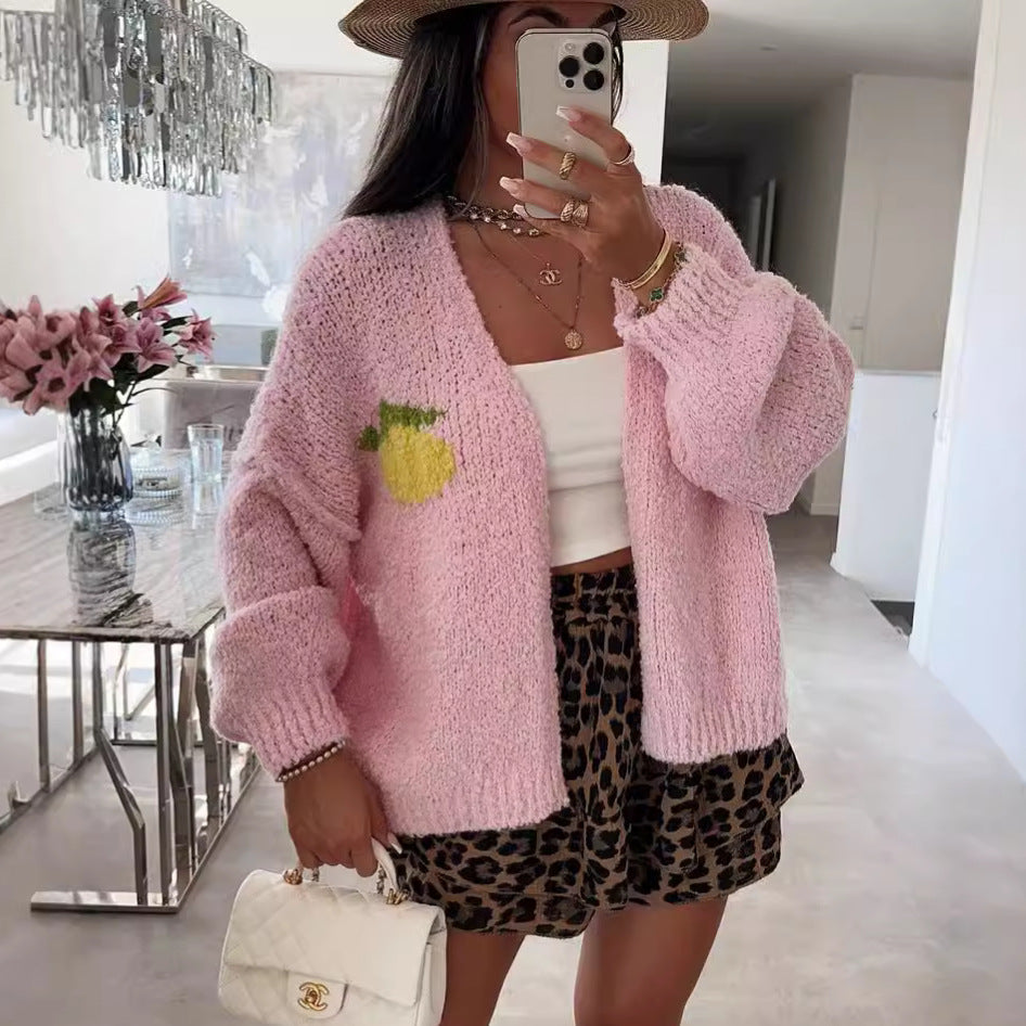 Damen Strickjacke Oversized Obstprint