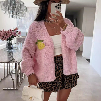 Damen Strickjacke Oversized Obstprint