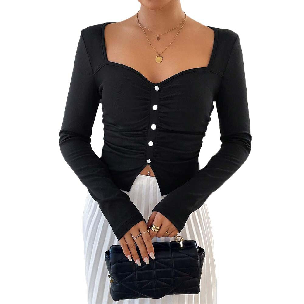 Damen Crop- Langarm Gerafft mit Knopfdetail Weißen Rücken