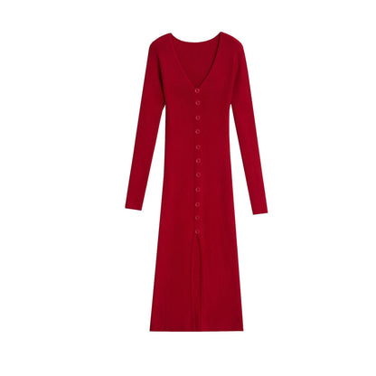 Damen Strickkleid Hochknöpfe Tiefes V Eveloria