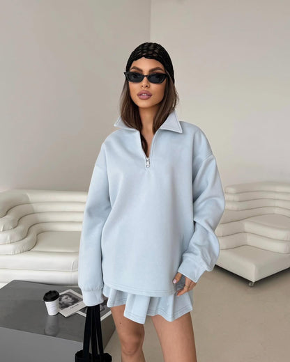 Damen Sweatshirt mit Reißverschluss und passendem Rock Eveloria