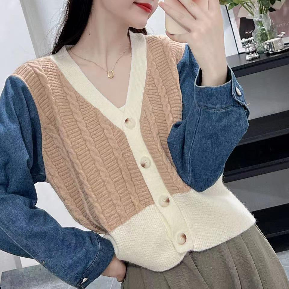 Damen Strickcardigan mit Denim-Ärmeln Blau Eveloria