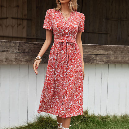 Damen Maxikleid Floralmuster Lässiger Taillengürtel