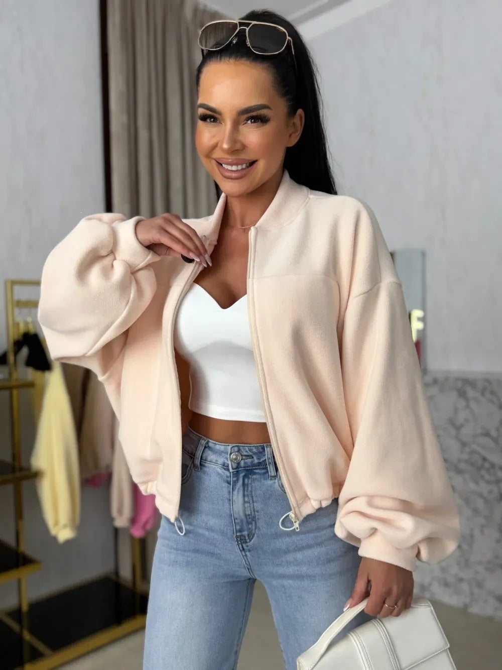 Damen Fleecejacke Lässig Hochkragen Puffärmel Eveloria