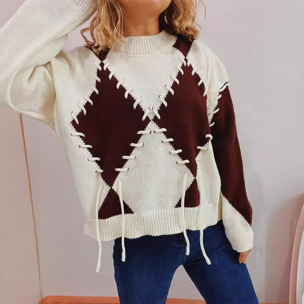 Damen Oversized Pullover Gekreuzte Nähte Grau