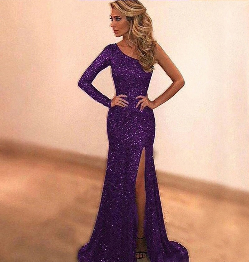 Damen Abendkleid Glitzernd Asymmetrisch Hoch Beinschlitz