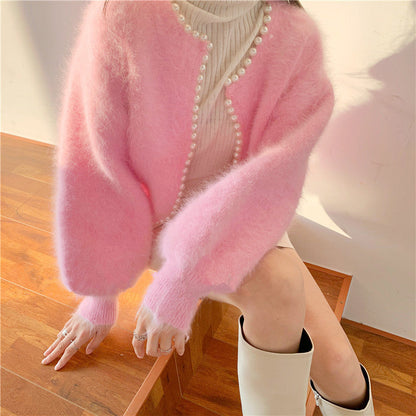 Damen Strickjacke Flauschig Perlenbesatz Modischer Schnitt Eveloria