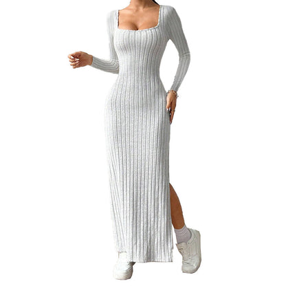 Damen Maxi-Kleid Rippenstrick Schlitz Eveloria