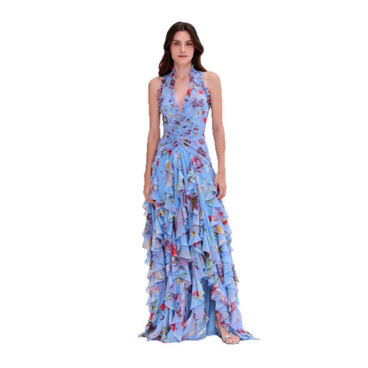 Damen Maxikleid Voluminöse Rüschen Florales Design