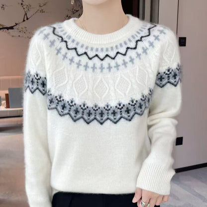 Damen Strickpullover Kuschelnder Velours Effekt Beige