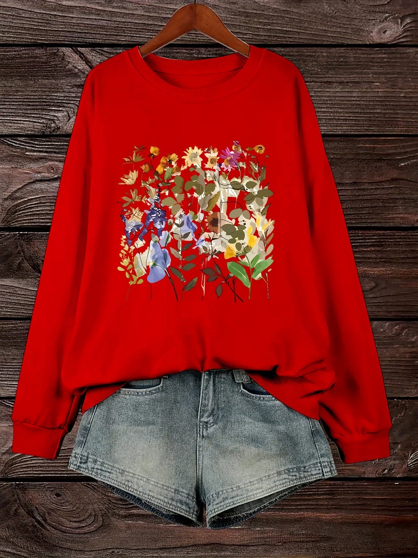 Damen Sweatshirt Floralmuster Bequem Grün