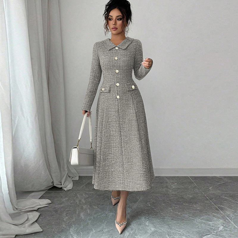 Damen Tweed-Kleid Elegantes Design Mit Taschen Schwarz - Eveloria
