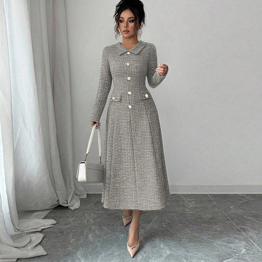 Damen Tweed-Kleid Elegantes Design Mit Taschen Schwarz - Eveloria