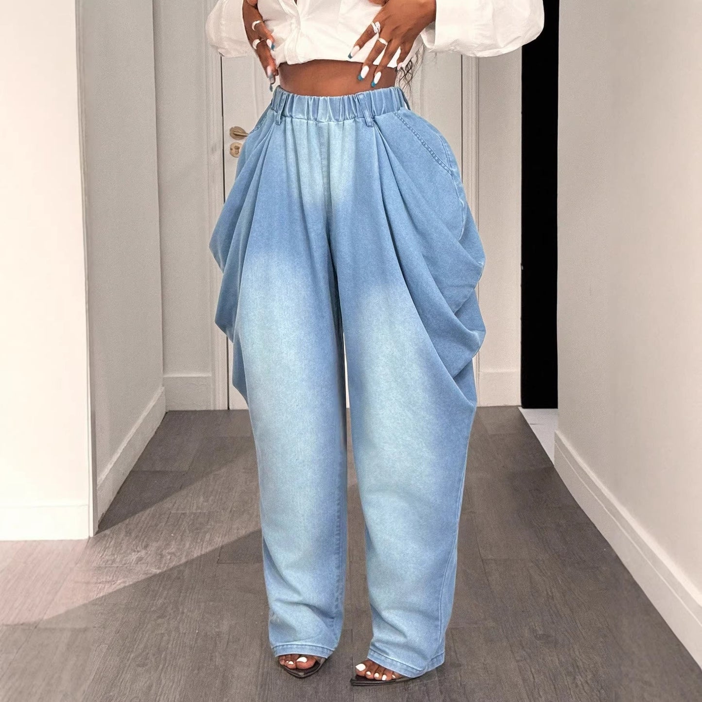 Damen Baggy-Jeans Hochtaillig Mit Seitentaschen Blau Eveloria