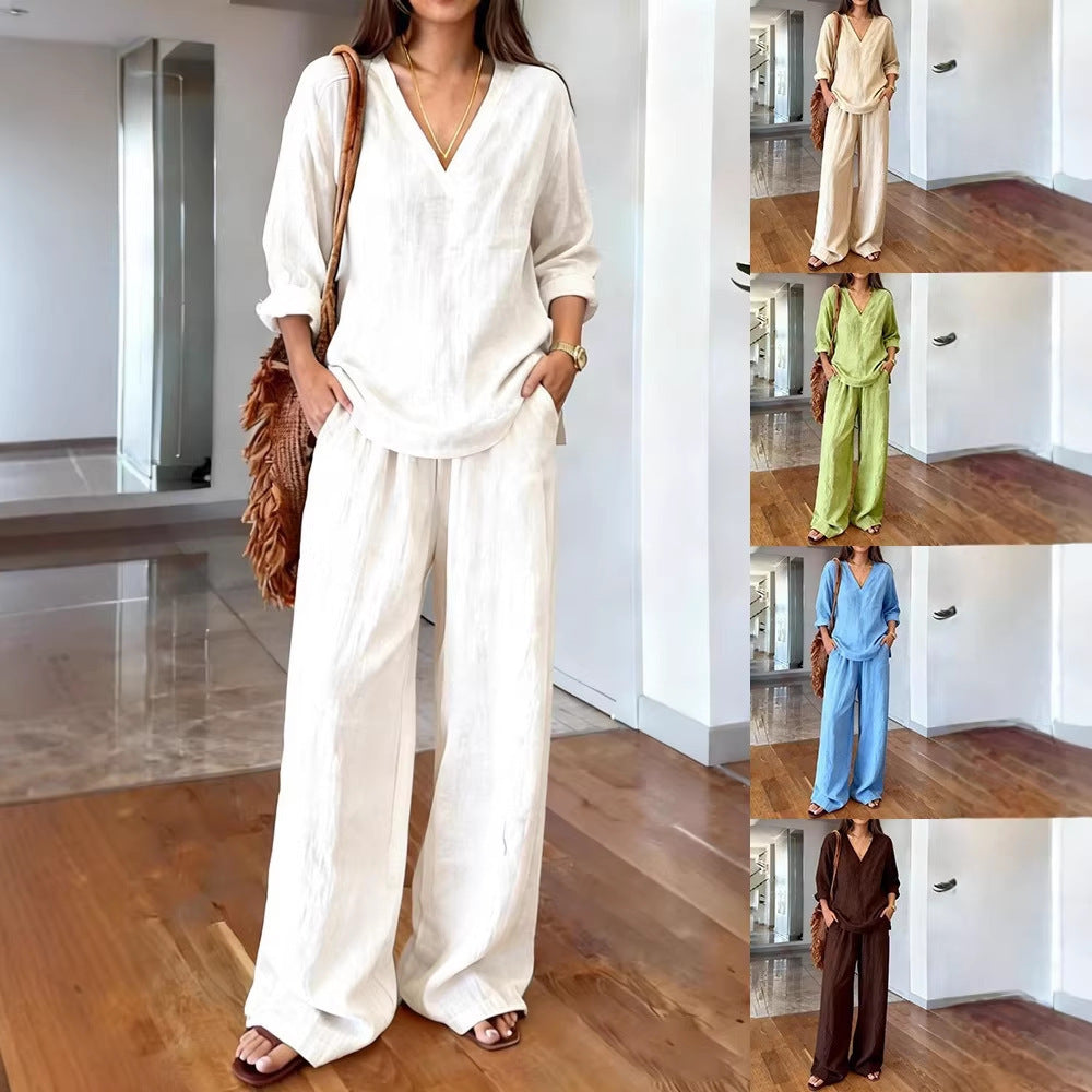 Damen Leinenoberteil und Palazzo-Hosen Set Leinen Beige - Eveloria