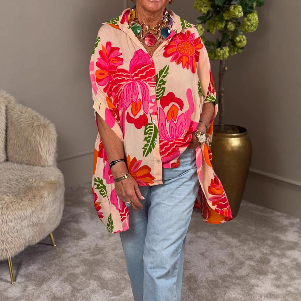 Damen Kimono Bluse Bunt Blumen Design