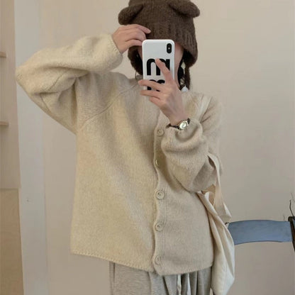 Damen Cardigan Weit Gemütlich mit Knöpfen Beige