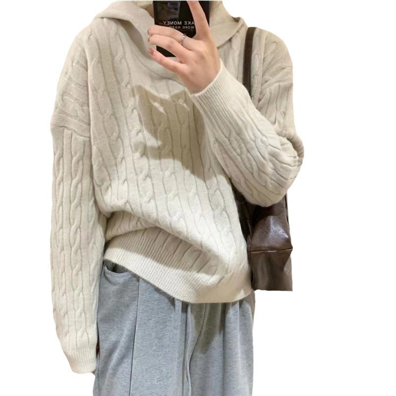 Damen Strickpullover Kapuze Zopfmuster Kuschelig Grau Eveloria
