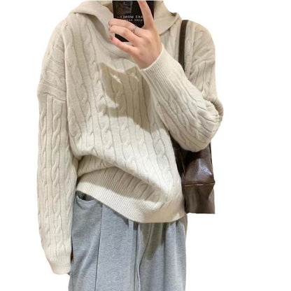 Damen Strickpullover Kapuze Zopfmuster Kuschelig Grau Eveloria