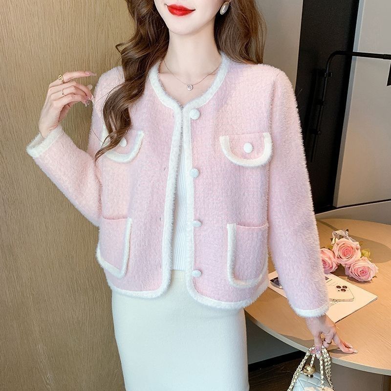 Damen Bouclé-Cardigan Weich Taschen Beige