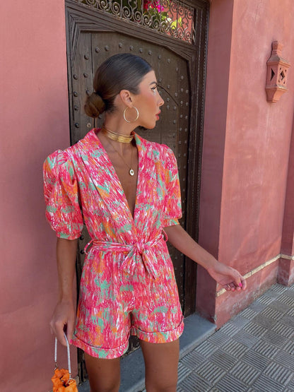 Damen Jumpsuit V-Ausschnitt Knöpfgürtel Eveloria