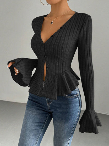 Damen Strickjacke Tailliert Rüschen Eveloria