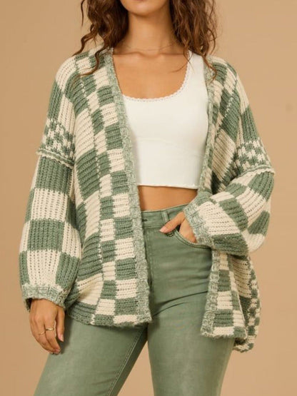 Damen Strickjacke Karomuster Weite Ärmel Beige Eveloria