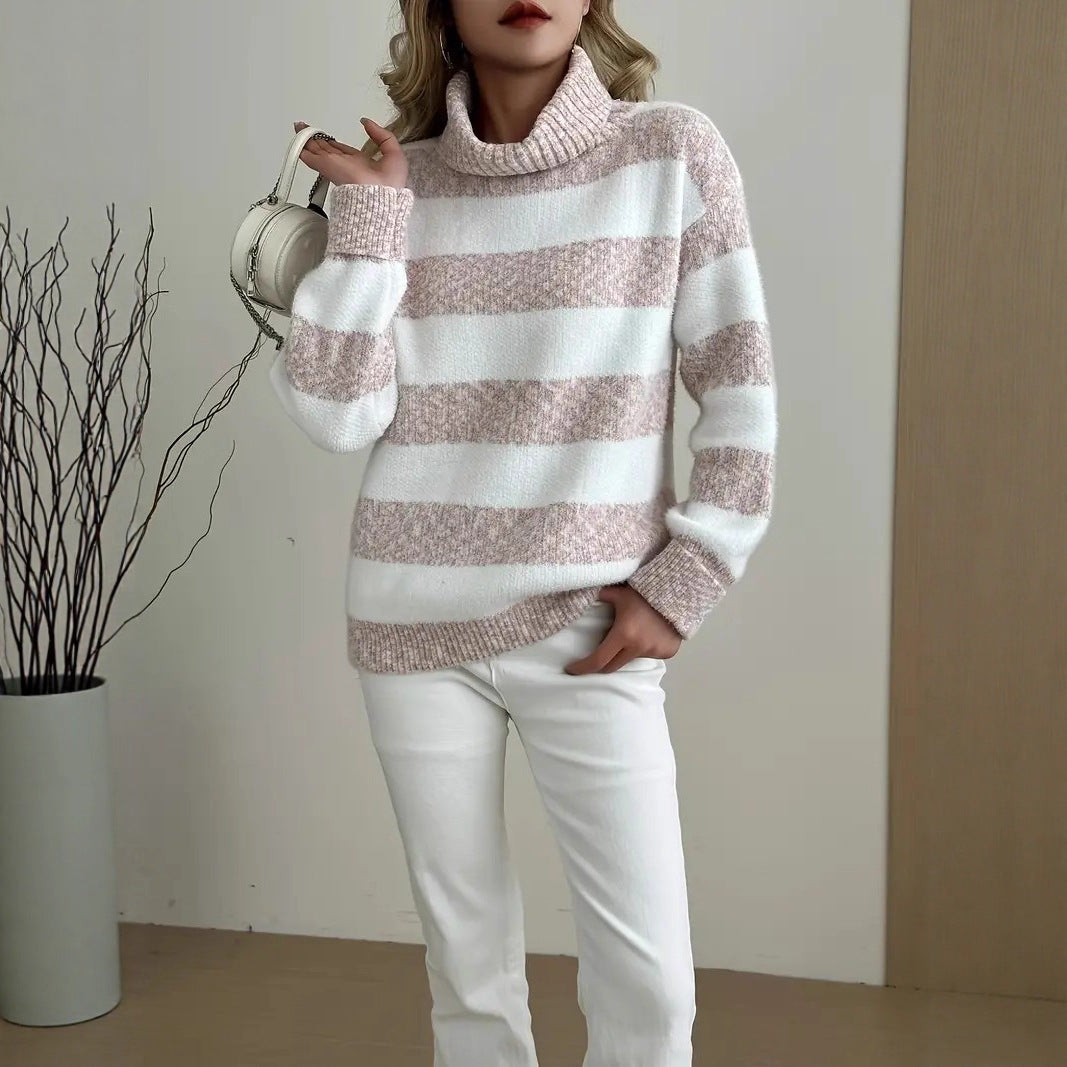 Damen Pullover Hochkragen Gestreift Grün Eveloria