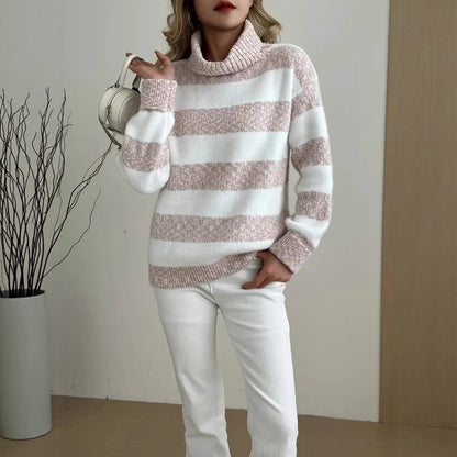 Damen Pullover Hochkragen Gestreift Grün Eveloria