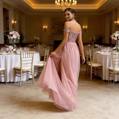 Damen Abendkleid Schulterfrei Glitzerapplikationen Eveloria