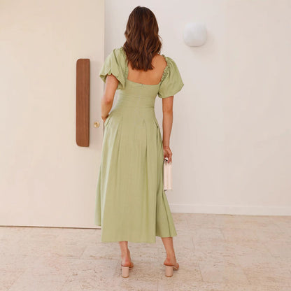 Damen Midikleid Puffärmel Verspielter Knoten Detail