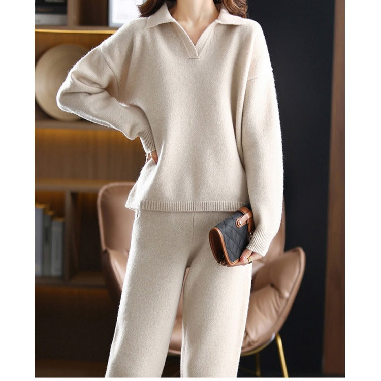 Damen Strickpullover Oversized Kragen Beige