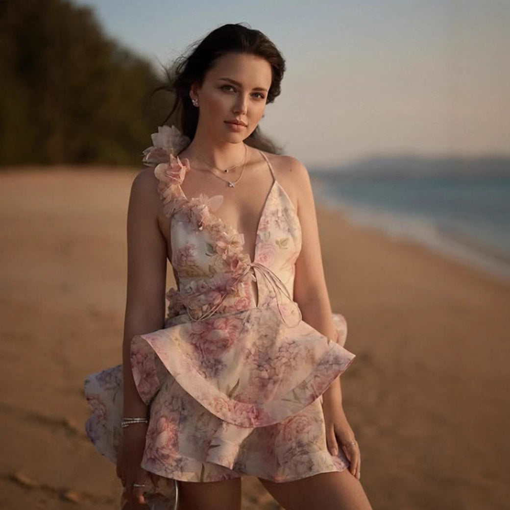 Damen Rüschenkleid Floralmuster V-Ausschnitt Eveloria