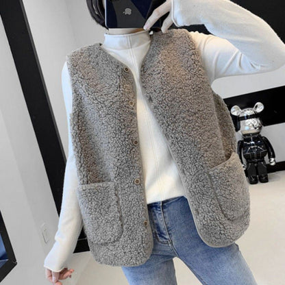 Damen Teddy-Fleeceweste mit Taschen und Knopfverschluss