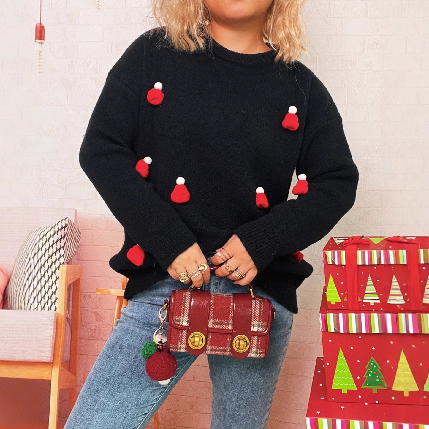 Damen Weihnachtspullover Kuschelfleece Festliche Applikationen - Eveloria
