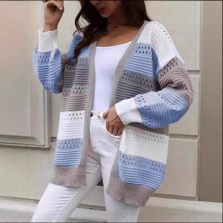 Damen Strickcardigan Groß Lochmuster Farbblockdesign Eveloria - Eveloria
