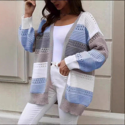 Damen Strickcardigan Groß Lochmuster Farbblockdesign Eveloria - Eveloria