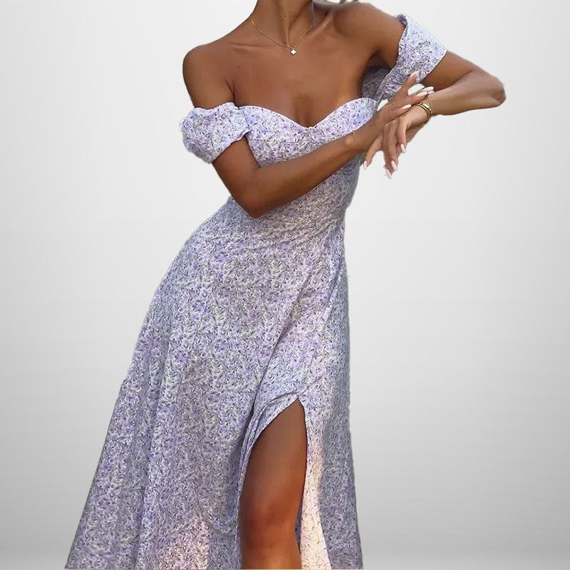 Damen Maxikleid Off-Shoulder Floralprint mit Schlitz
