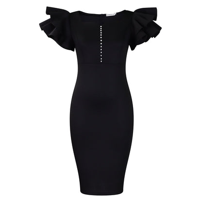 Eveloria Damen Midi-Kleid Voluminöse Rüschen Perlendetails