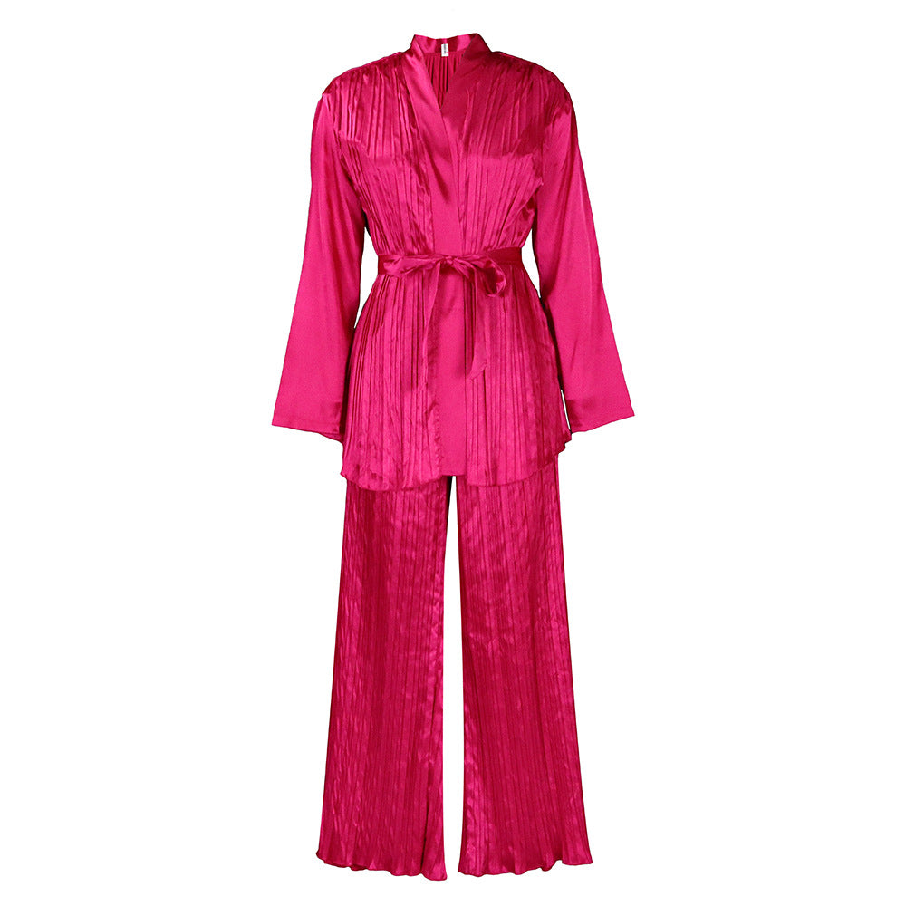 Damen Schlafanzug Satin Plisseefalten Elegant Blau Eveloria
