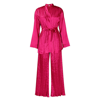 Damen Schlafanzug Satin Plisseefalten Elegant Blau Eveloria