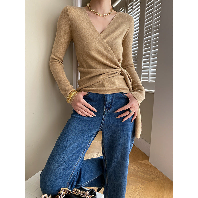 Damen Wickelpullover Weiches Strick V-Ausschnitt Beige - Eveloria