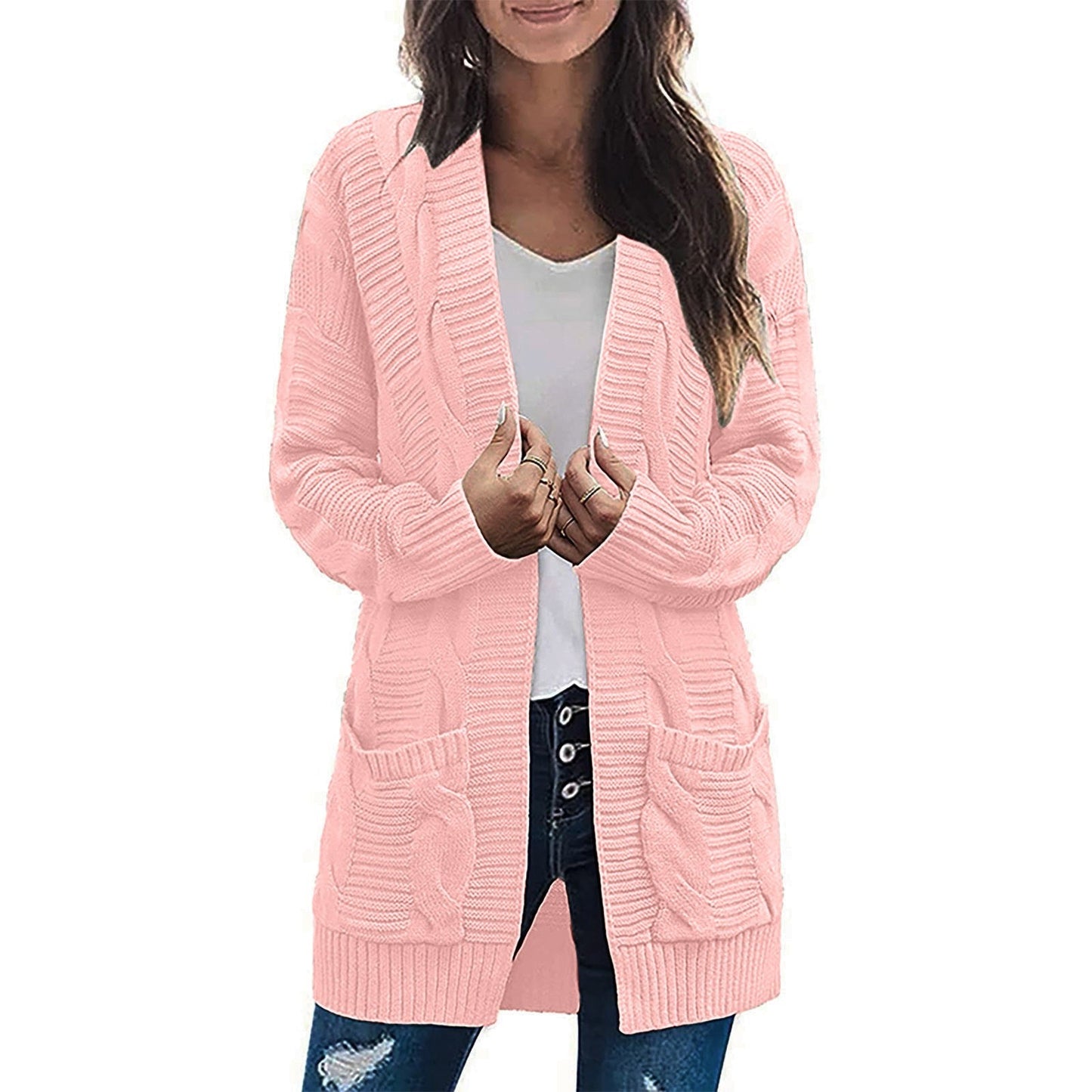 Damen Grobstrick Cardigan mit Taschen Strukturierter Look Beige